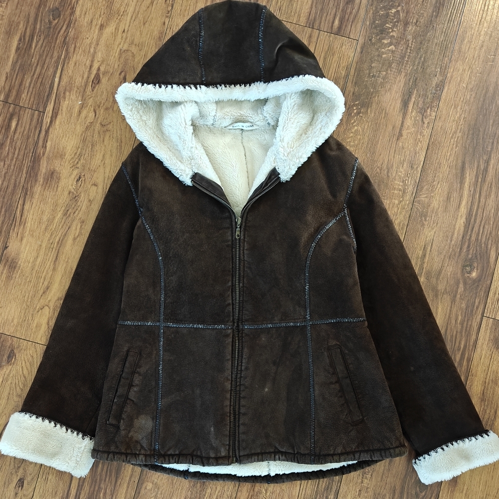 Y2k Brown Suede Full‎ Zip Hooded Jacket Women's Large Faux Fur Lined VTG Leather